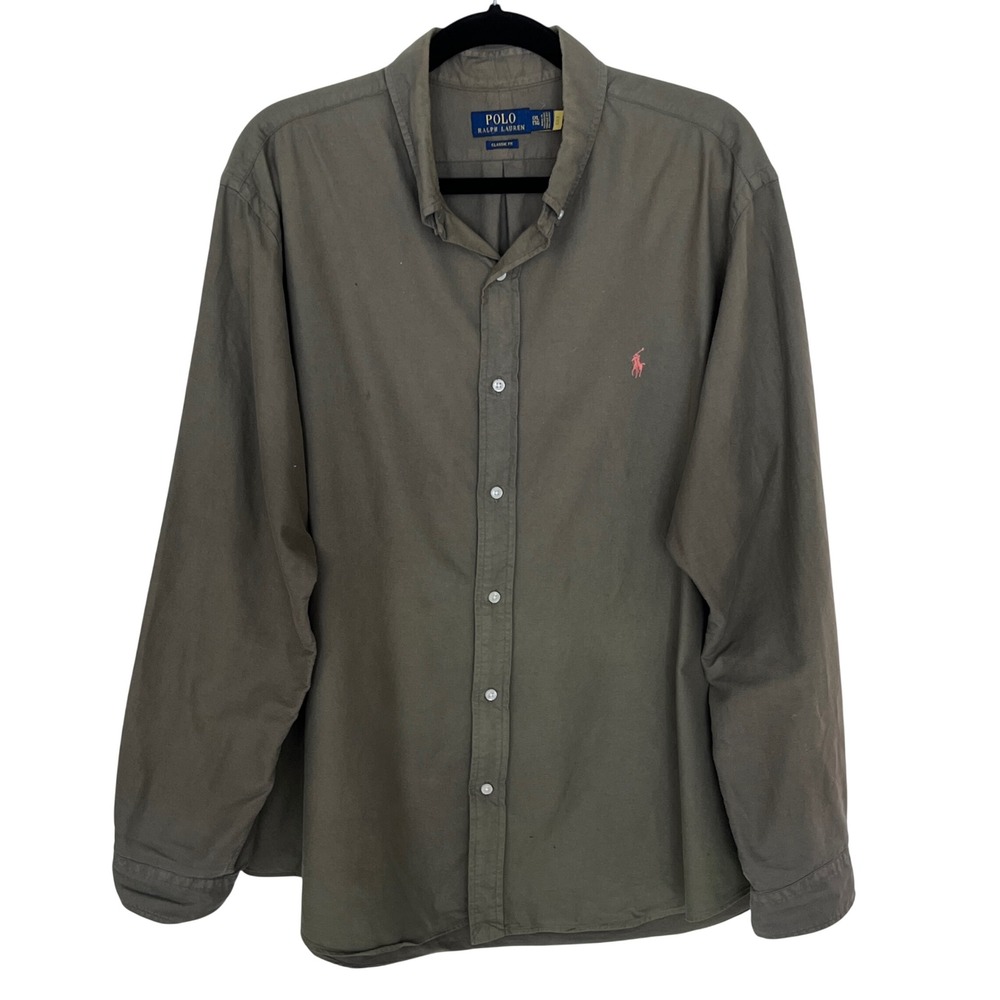 Polo Ralph Lauren Mens XXL Classic Fit Button Down Shirt Olive Green Orange Pony